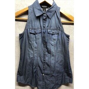 White House Black Market Denim Top Size 0 Silver Snap Button Bling Accent Button
